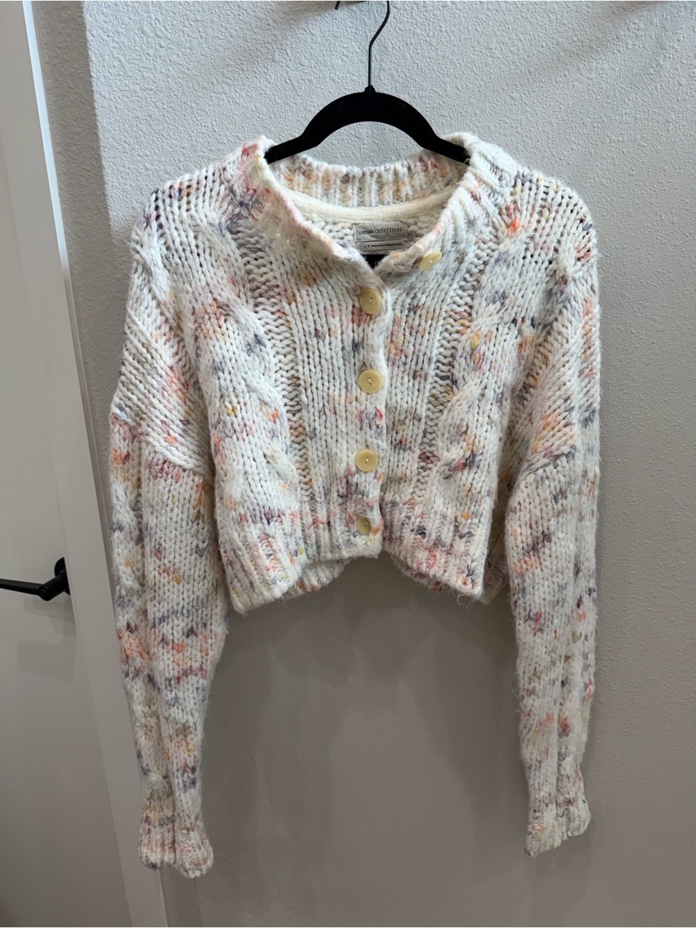 Cropped White Multicolor Speckle Knit Button-Front Sweater